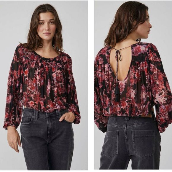 NEW Free People Anything Western Shirt Black Red Print Keyhole Back Sz S - Picture 1 of 9